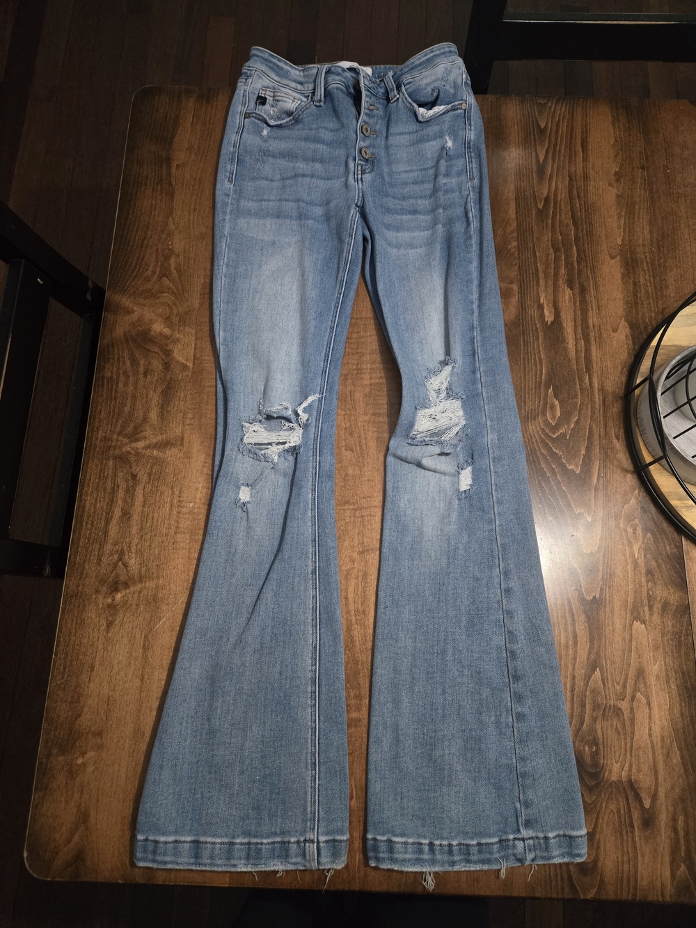 Kan Can Women’s Light Blue Distressed Flared Jeans